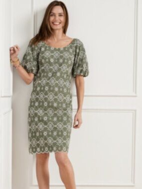 Talbots Green Short Puff Sleeve Embroidered Dress sz 8